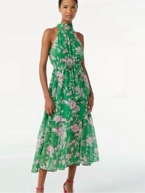 Scoop NYC Green Floral Halter-Neck Midi Dress with Pink Accents